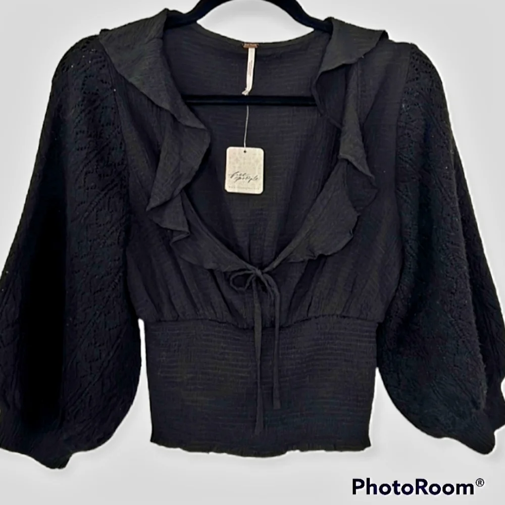 NWT Free People Billie Black Ruffle Smocked Sweater S